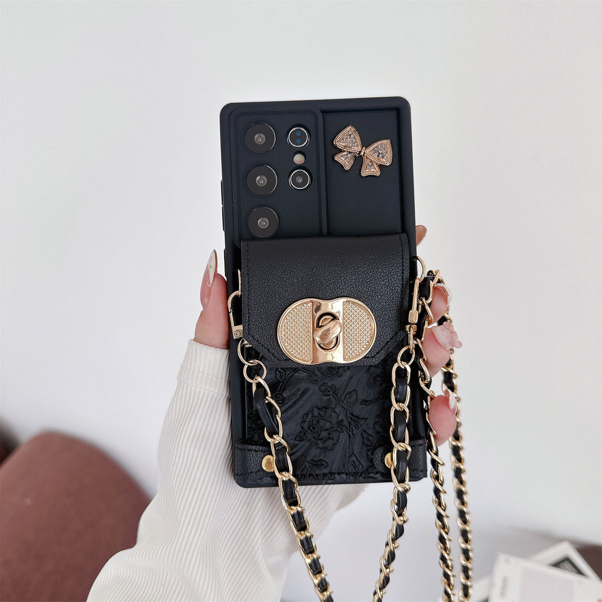 Patterned Bow Card Holder Crossbody Strap Samsung Phone Case