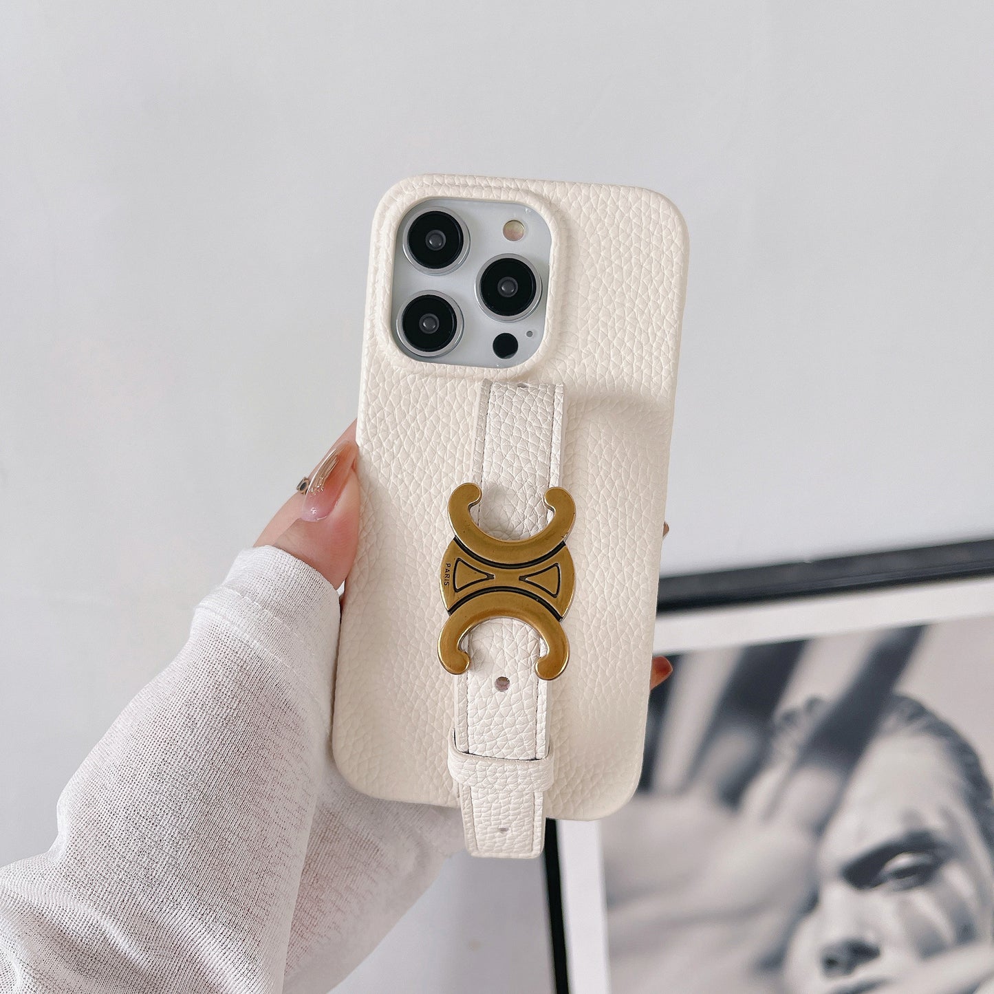 Litchi-texture pearl wrist-strap iPhone case