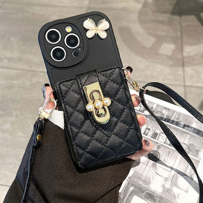 Crossbody lanyard butterfly mirror card holder Apple phone case