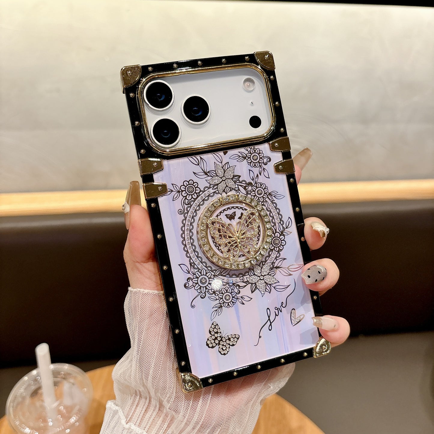 Diamond-encrusted Aurora Butterfly Stand Apple Phone Case