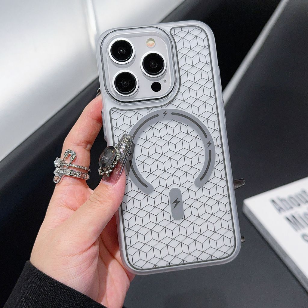 Carved matte skin-feel checkered magnetic iPhone case
