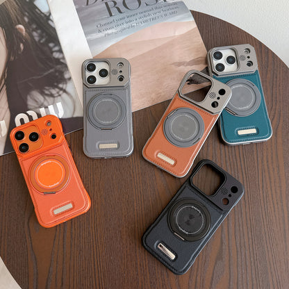 Frameless leather textured magnetic rotating stand Apple phone case
