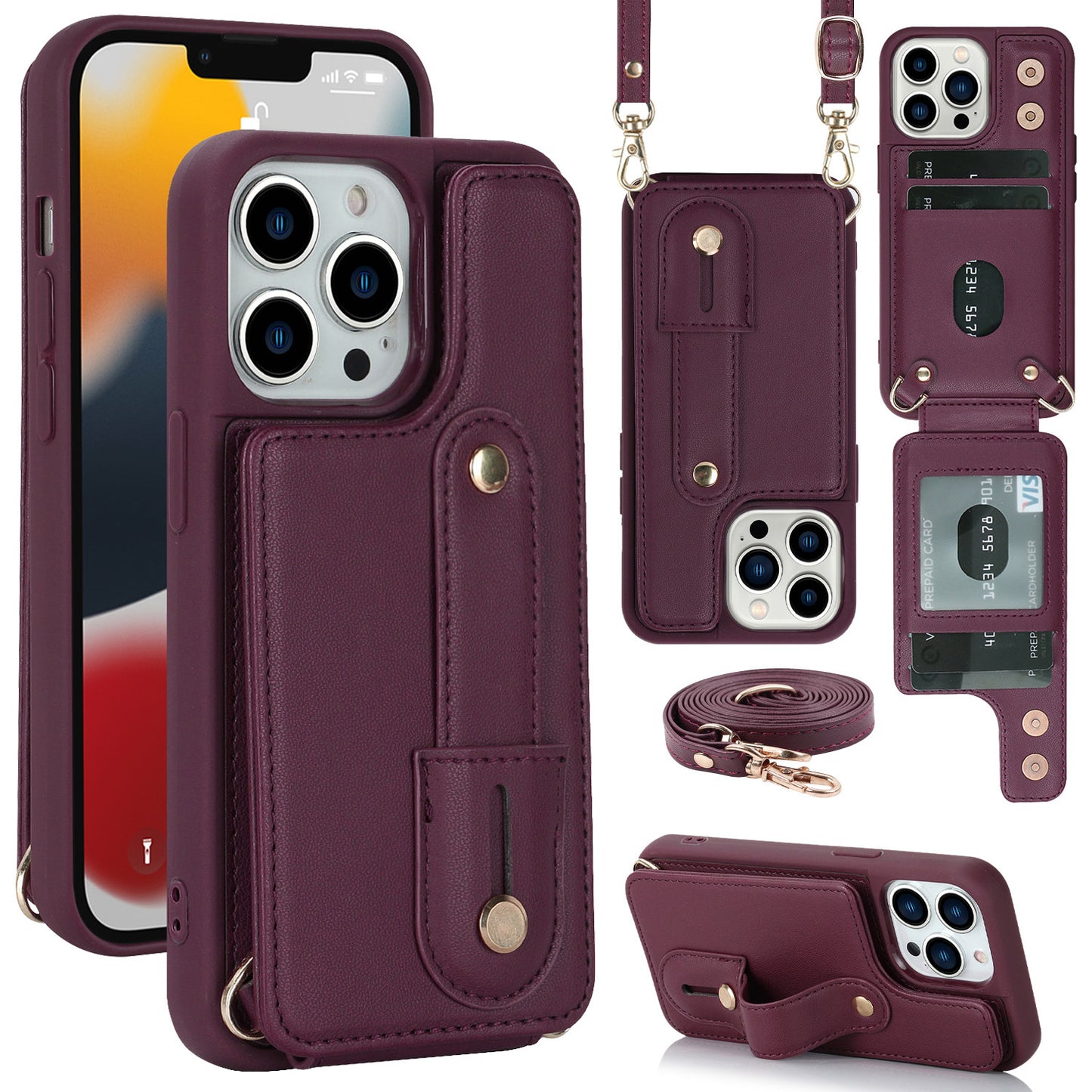 Crossbody long rope wrist strap stand leather case Apple phone case