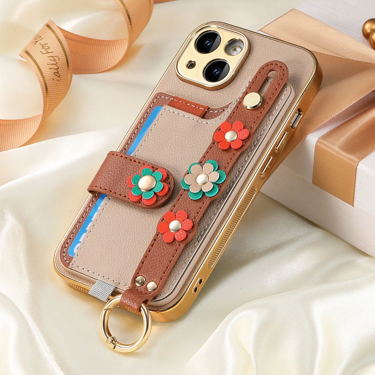 Electroplated three-dimensional flower wrist strap Apple mobile phone case