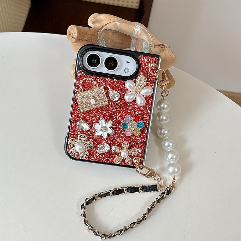 Luxurious Creative Rhinestone Flower & Pearl iPhone Duo Case