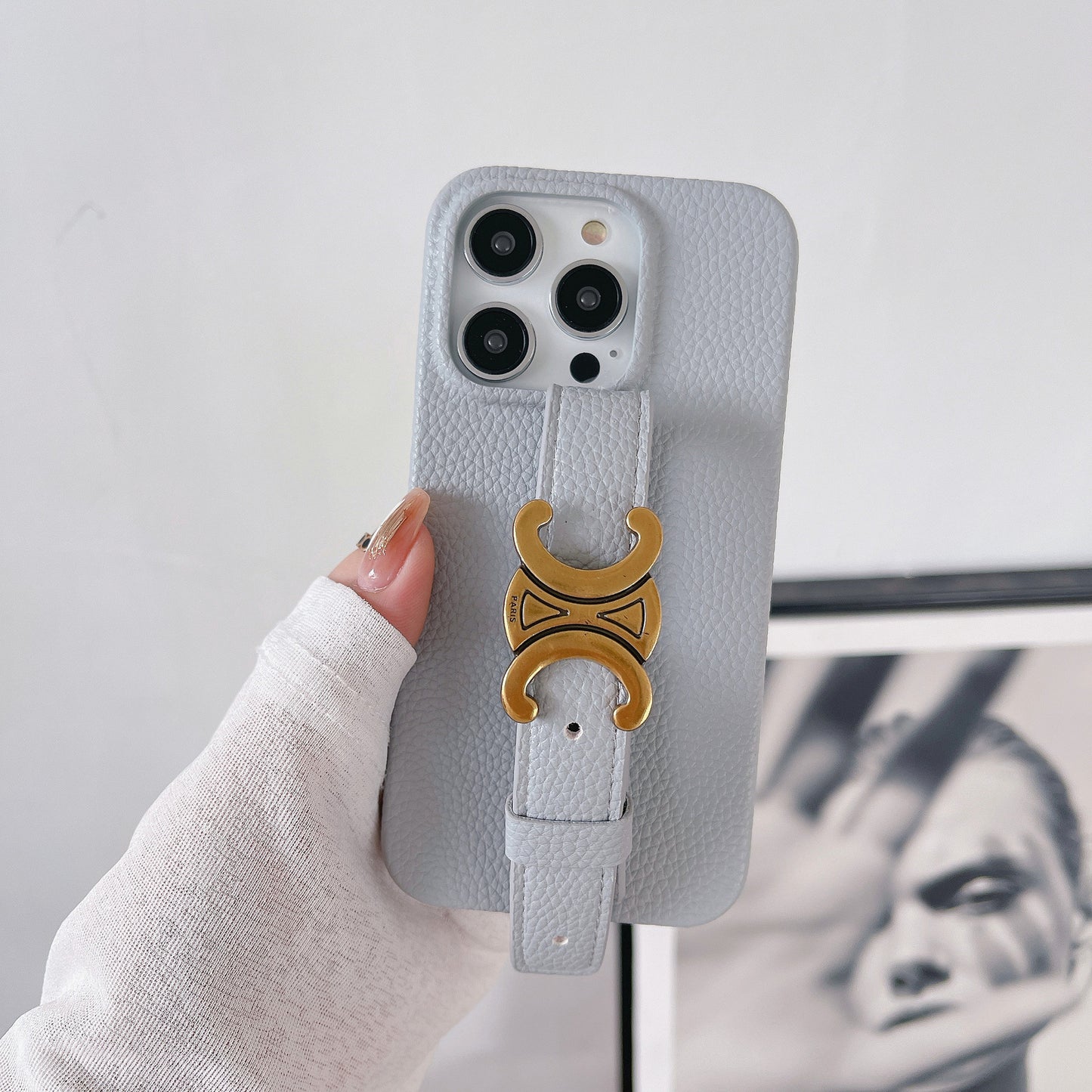 Litchi-texture pearl wrist-strap iPhone case