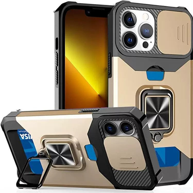 Mecha-style magnetic car mount phone case for iPhone with a sliding camera cover