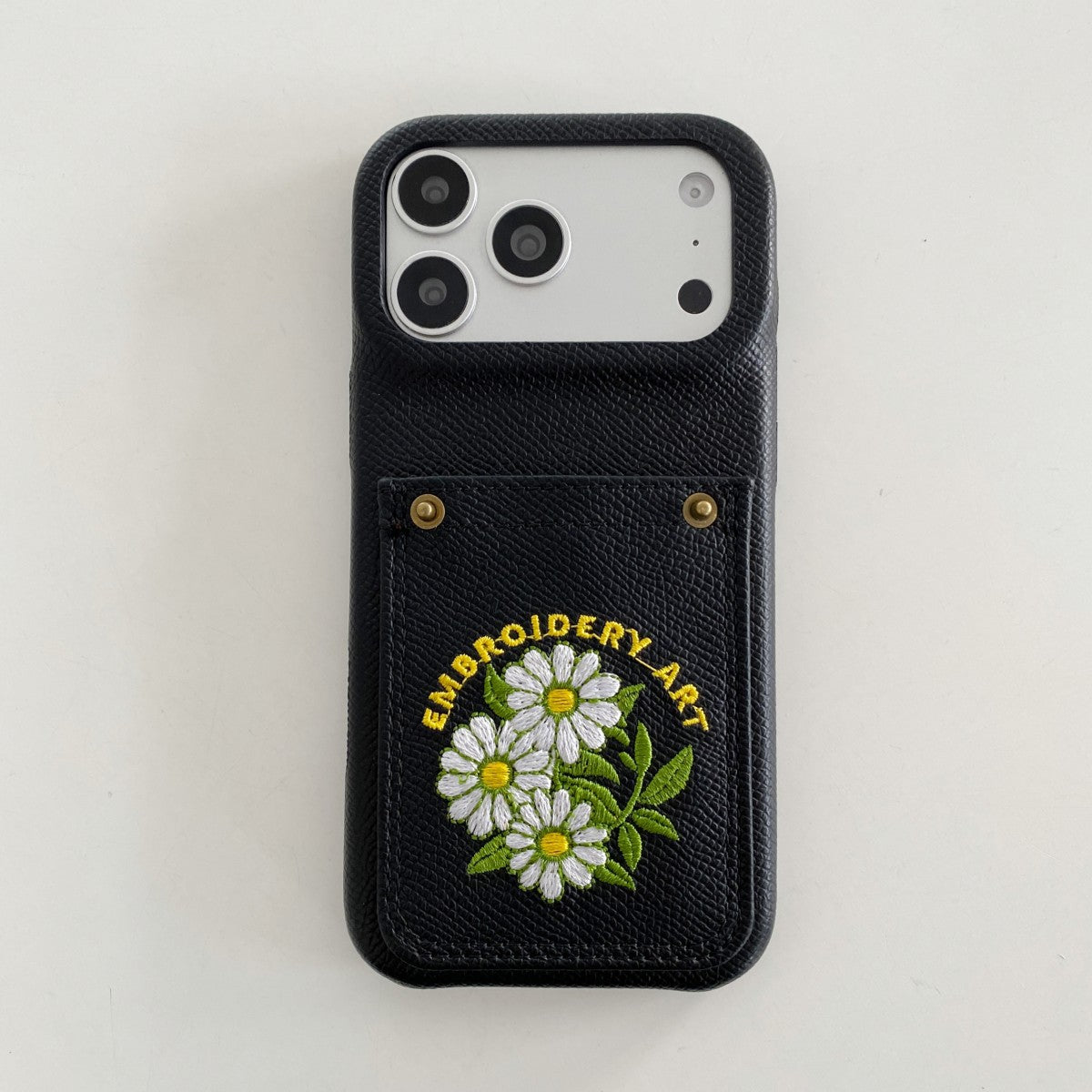 Embroidered Floral Faux Leather Card-Holder iPhone Case