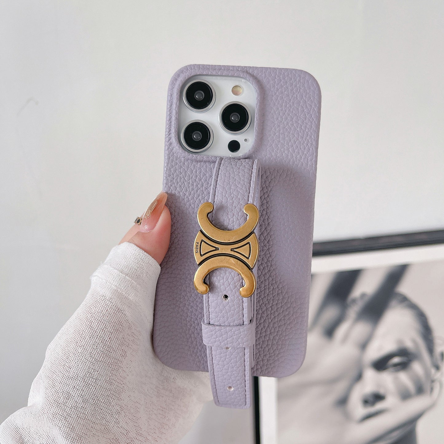 Litchi-texture pearl wrist-strap iPhone case
