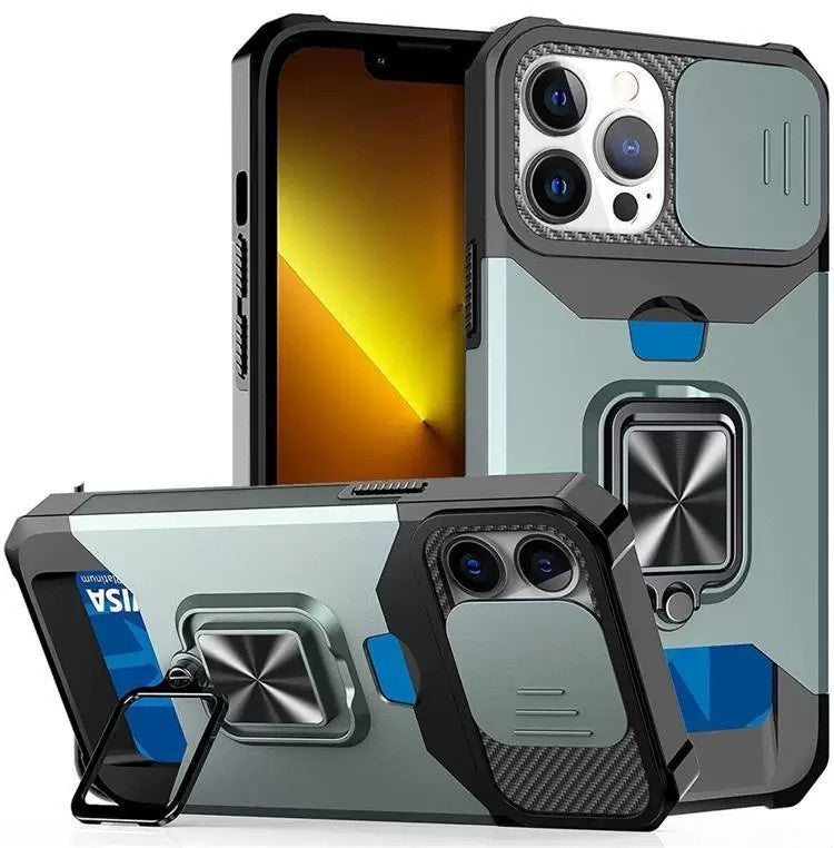Mecha-style magnetic car mount phone case for iPhone with a sliding camera cover