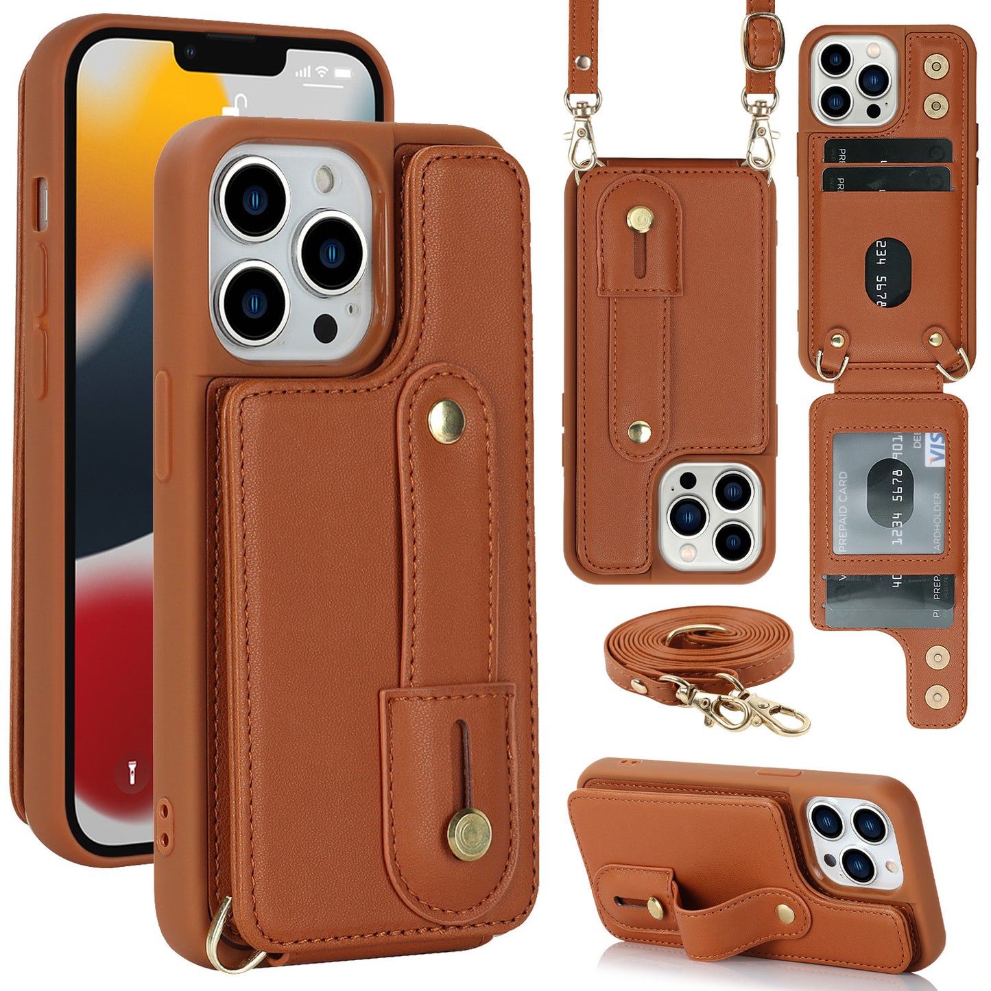 Crossbody long rope wrist strap stand leather case Apple phone case