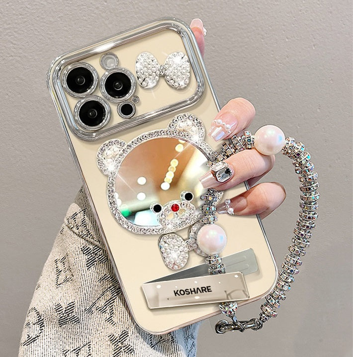 Rhinestone-embellished bear makeup mirror stand iPhone case