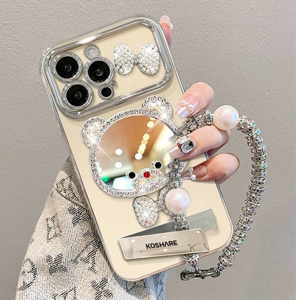 Rhinestone-embellished bear makeup mirror stand iPhone case
