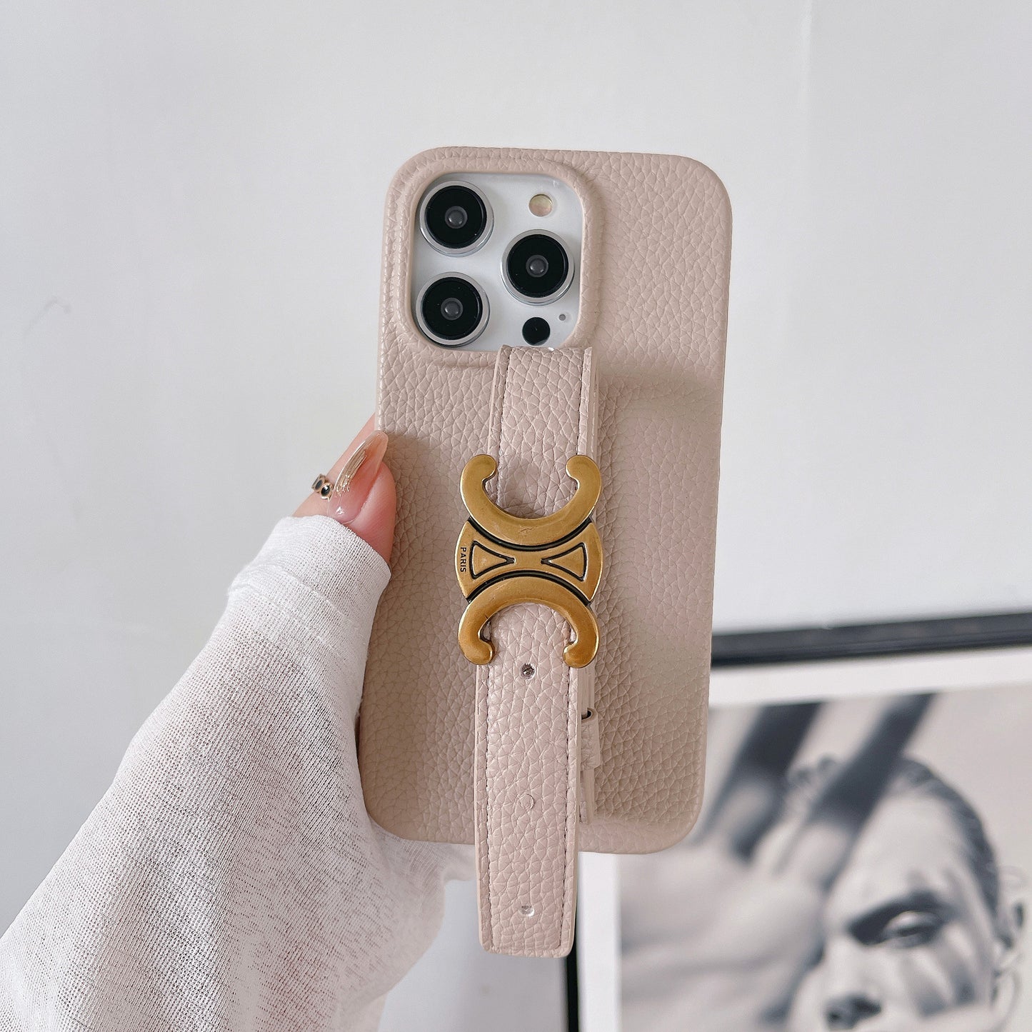 Litchi-texture pearl wrist-strap iPhone case