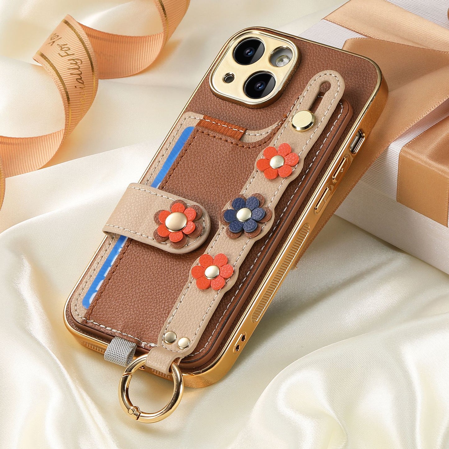 Electroplated three-dimensional flower wrist strap Apple mobile phone case