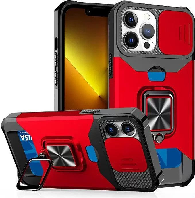 Mecha-style magnetic car mount phone case for iPhone with a sliding camera cover