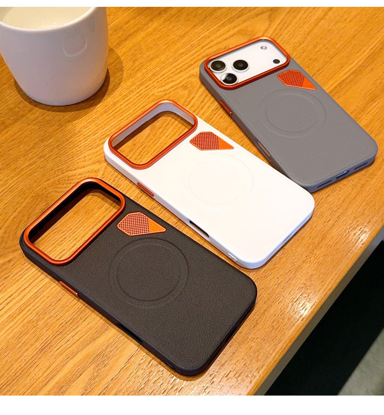 Luxury vegan leather gold-plated solid color magnetic Apple phone case
