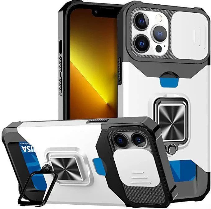 Mecha-style magnetic car mount phone case for iPhone with a sliding camera cover