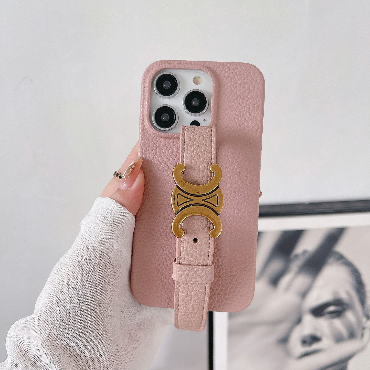 Litchi-texture pearl wrist-strap iPhone case