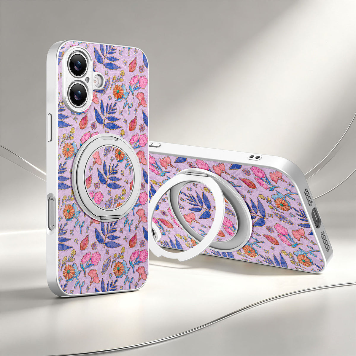 Magnetic Rotating Stand iPhone Case with Floral Print