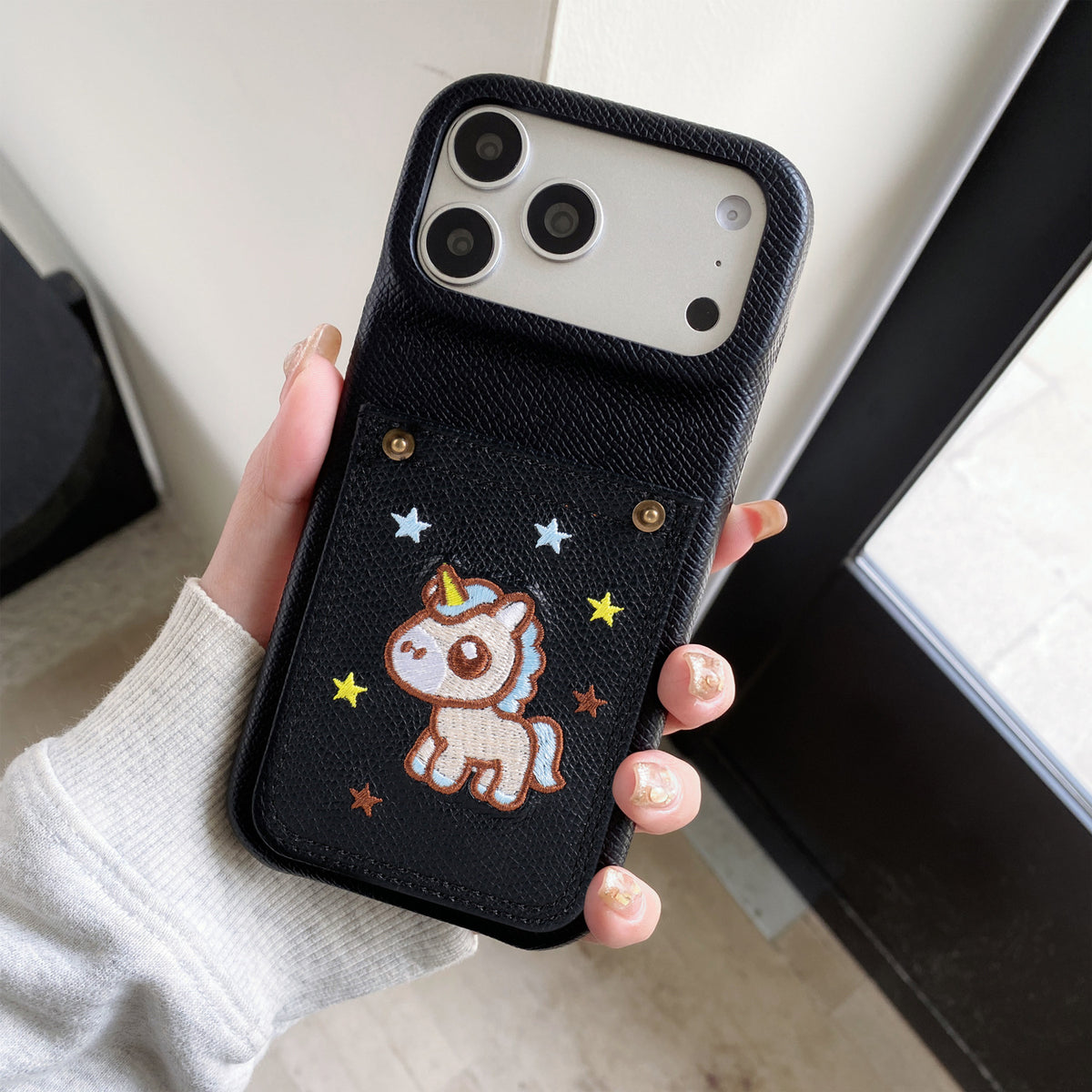 Embroidered Pony Faux Leather Card-Slot iPhone Case
