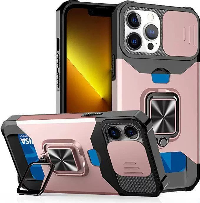 Mecha-style magnetic car mount phone case for iPhone with a sliding camera cover