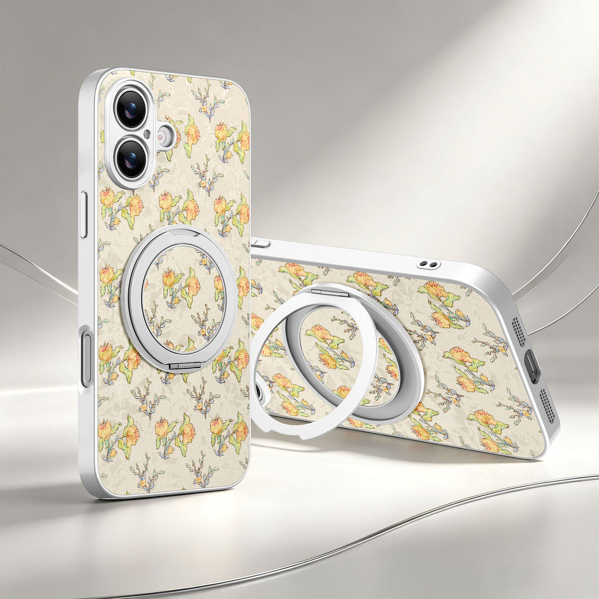 Magnetic Rotating Stand iPhone Case with Floral Print