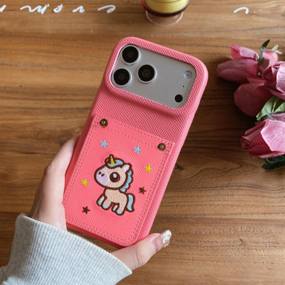 Embroidered Pony Faux Leather Card-Slot iPhone Case