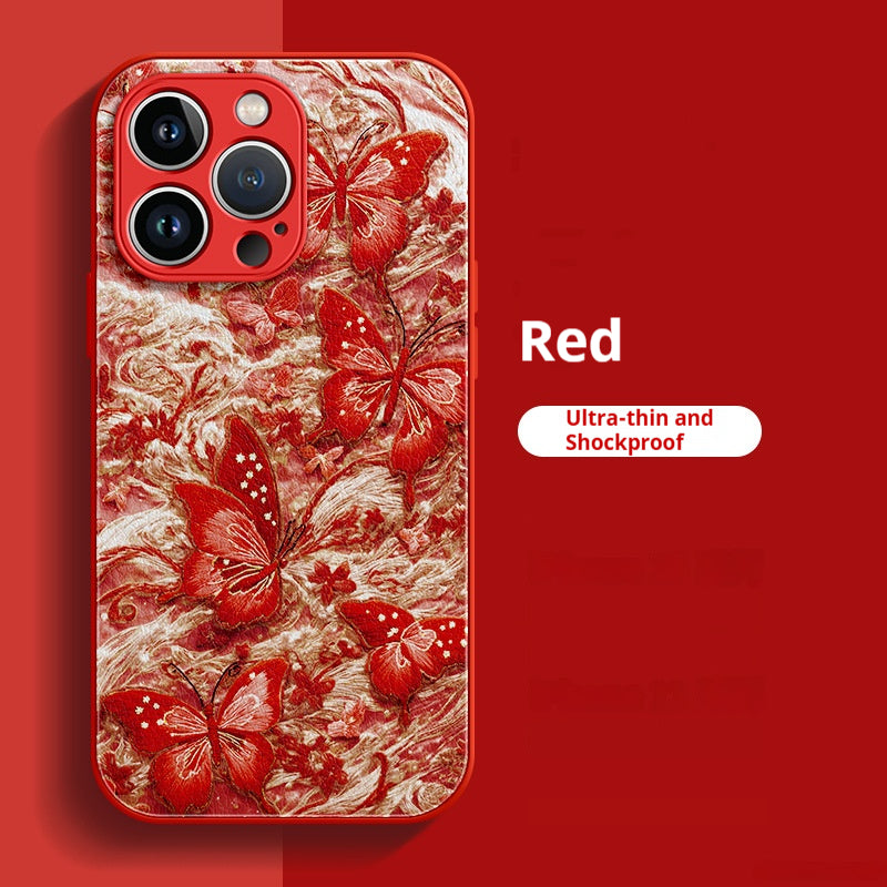 Embroidered butterfly lambskin shockproof Apple phone case