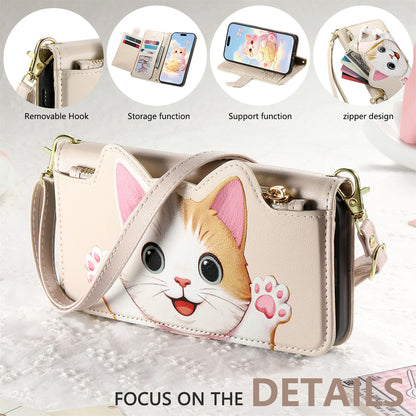 Cat and dog style flip phone case with short lanyard for Samsung phones