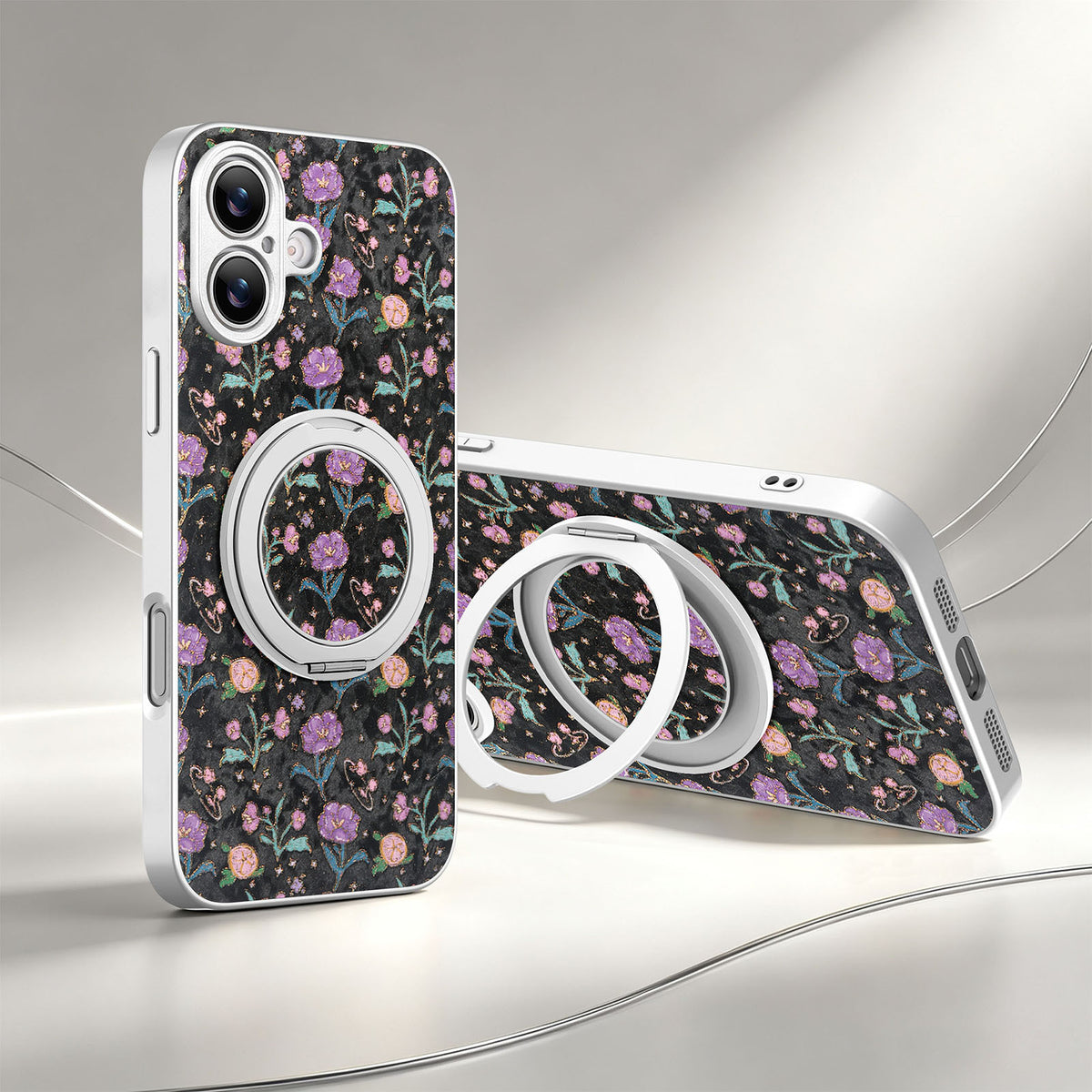 Magnetic Rotating Stand iPhone Case with Floral Print