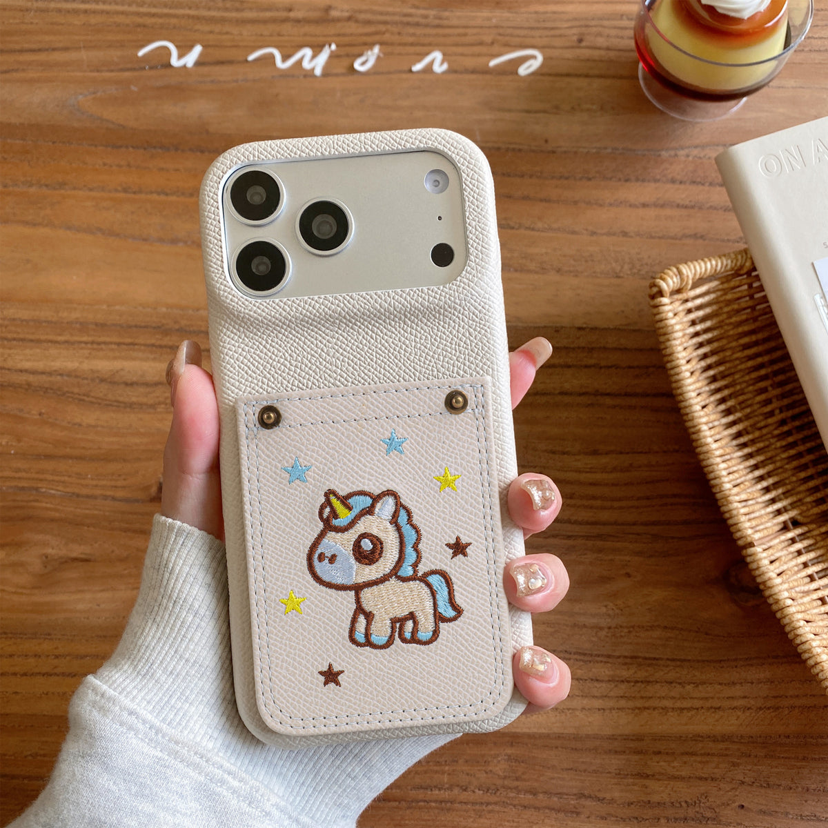 Embroidered Pony Faux Leather Card-Slot iPhone Case
