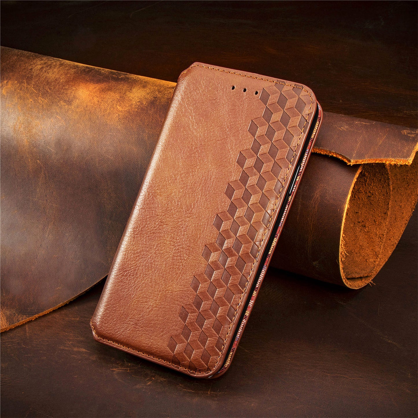 Diamond-shaped flip leather case with magnetic attachment for Samsung phones
