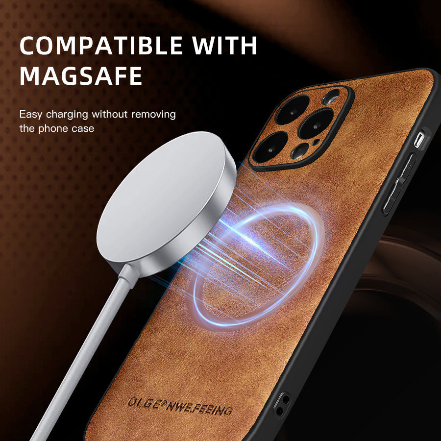 Skin-friendly cowhide textured magnetic Apple phone case