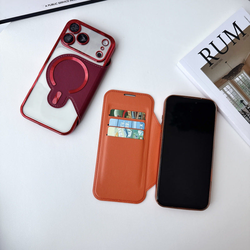 Electroplated flip case with card slot and magnetic closure for Apple iPhone