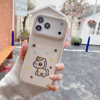 Embroidered Pony Faux Leather Card-Slot iPhone Case