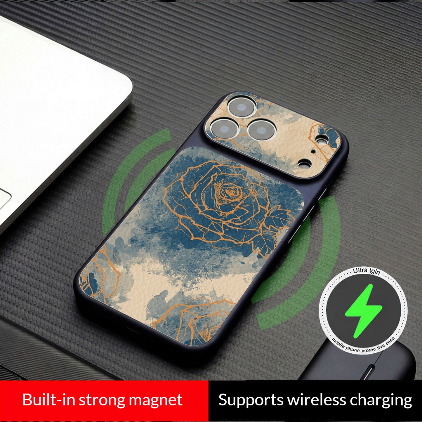 Ink-splashed rose magnetic Apple phone case