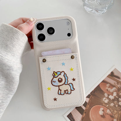 Embroidered Pony Faux Leather Card-Slot iPhone Case