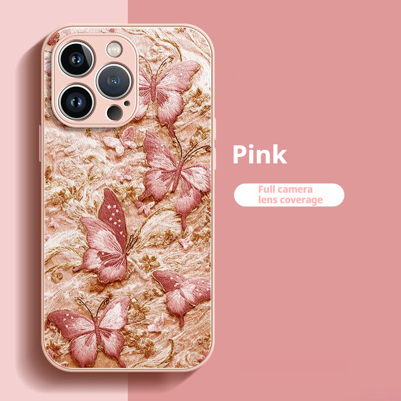 Embroidered butterfly lambskin shockproof Apple phone case
