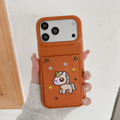 Embroidered Pony Faux Leather Card-Slot iPhone Case