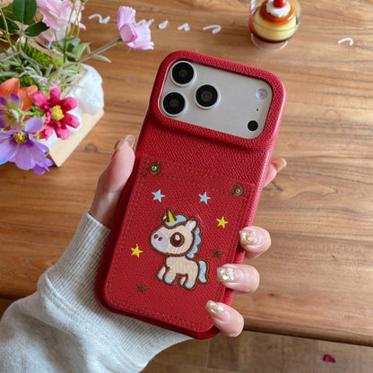 Embroidered Pony Faux Leather Card-Slot iPhone Case