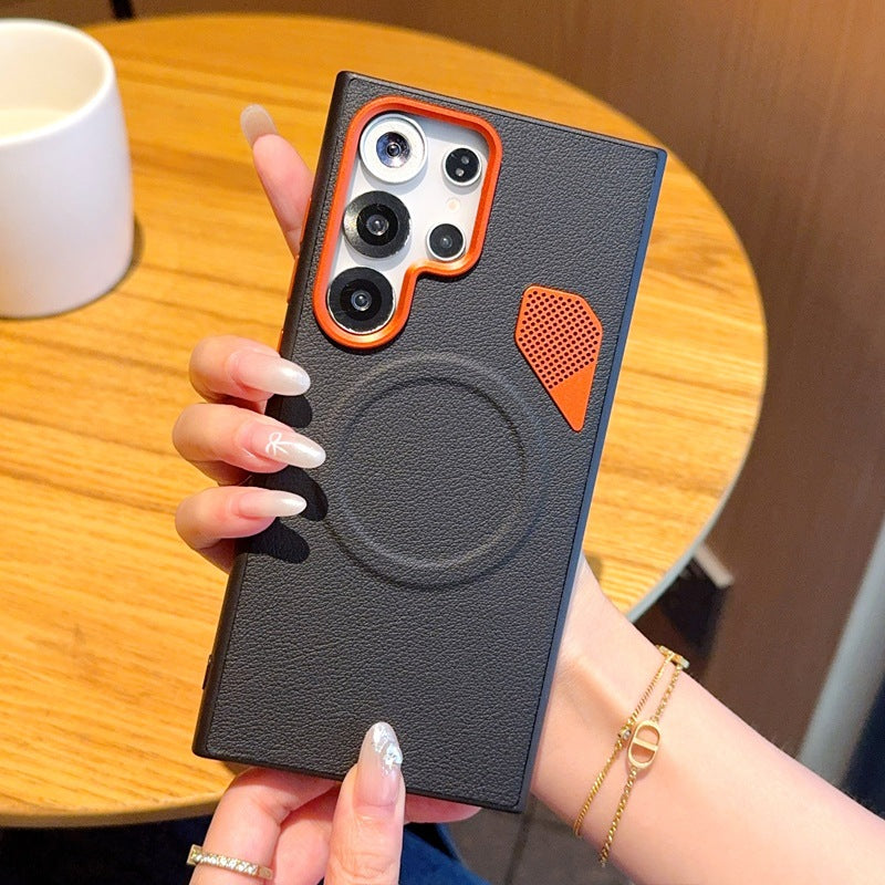 Luxury vegan leather gold-plated solid color magnetic Samsung phone case
