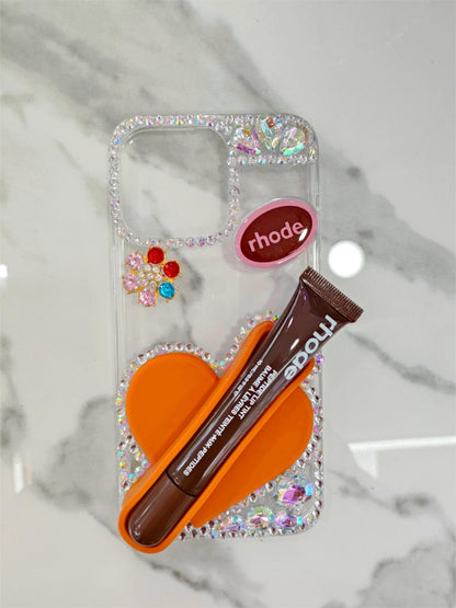 Creative Rhinestone-Embellished Silicone iPhone Case with Heart and Lipstick Design