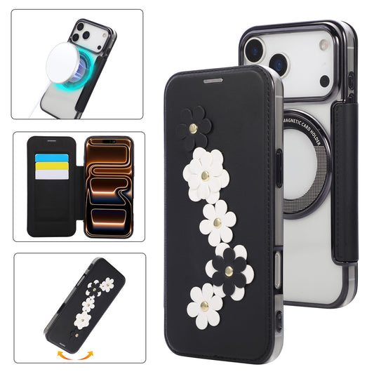 3D Flower Flip Leather Case with Magnetic Applicator for Apple Phones