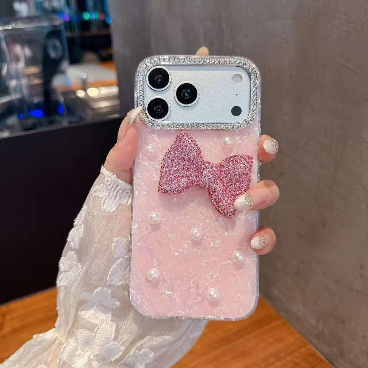 Shell-pattern rhinestone butterfly and pearl iPhone case