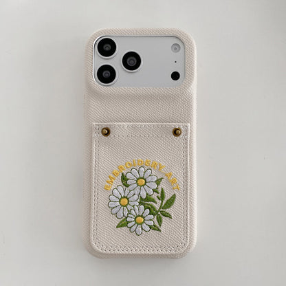 Embroidered Floral Faux Leather Card-Holder iPhone Case
