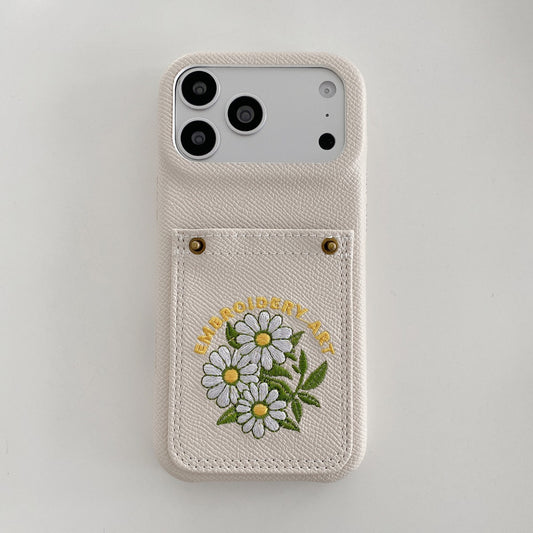 Embroidered Floral Faux Leather Card-Holder iPhone Case
