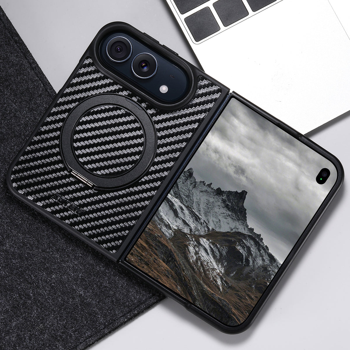 Carbon Fiber-Textured Magnetic Folio Case with Rotating Stand for iPhone Duo