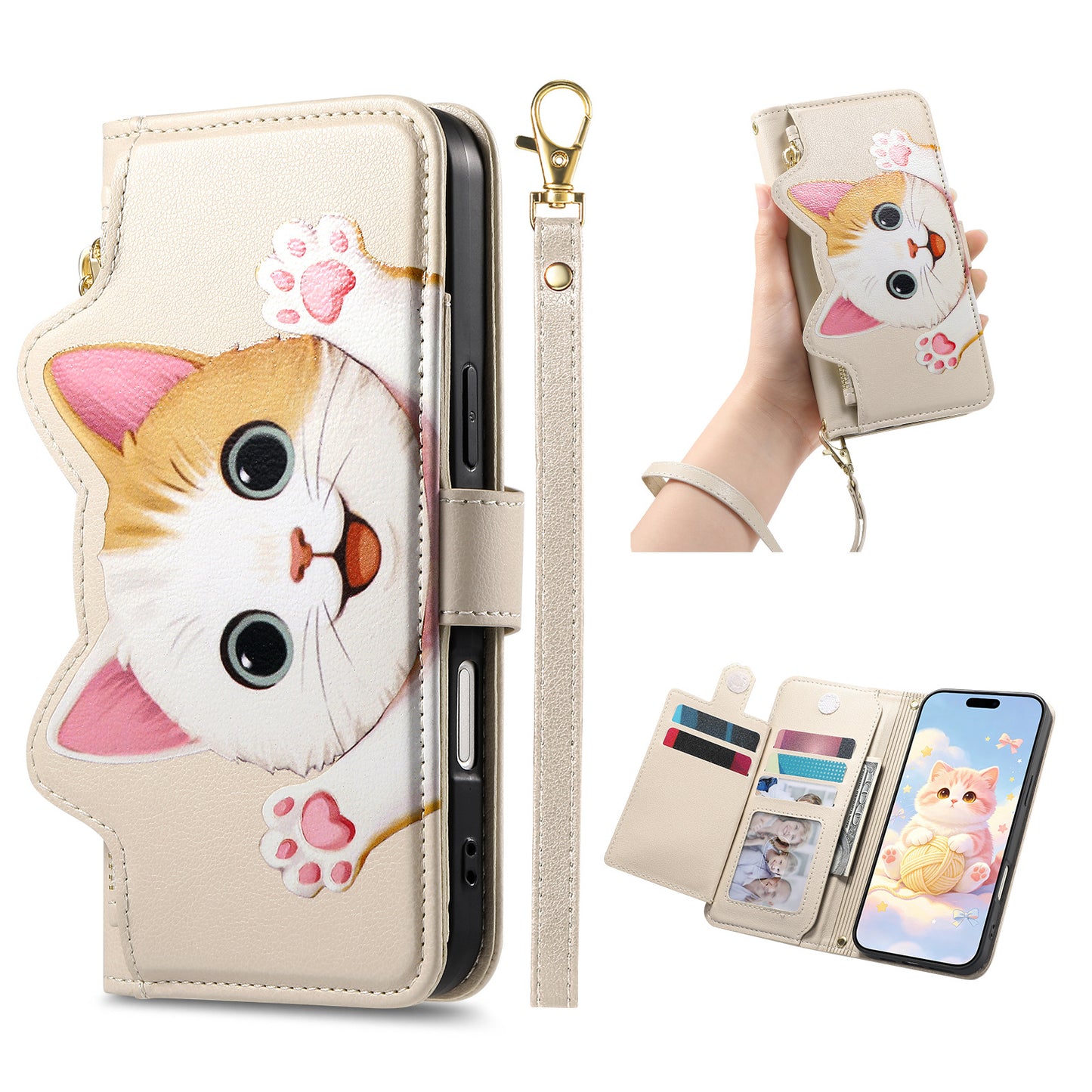 Cat and dog style flip phone case with short lanyard for Samsung phones