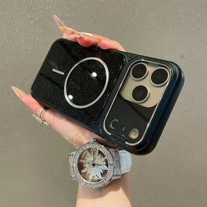 Flip-style lens holder glitter magnetic Apple phone case